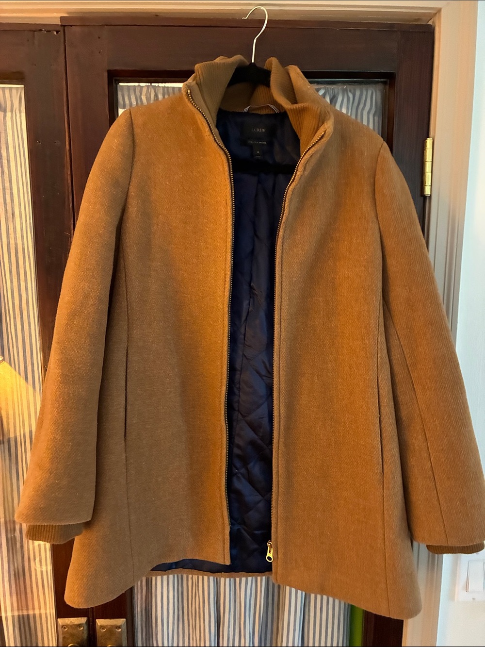 J. Crew Camel Wool-Blend Pea Coat with Navy Quilted Lining